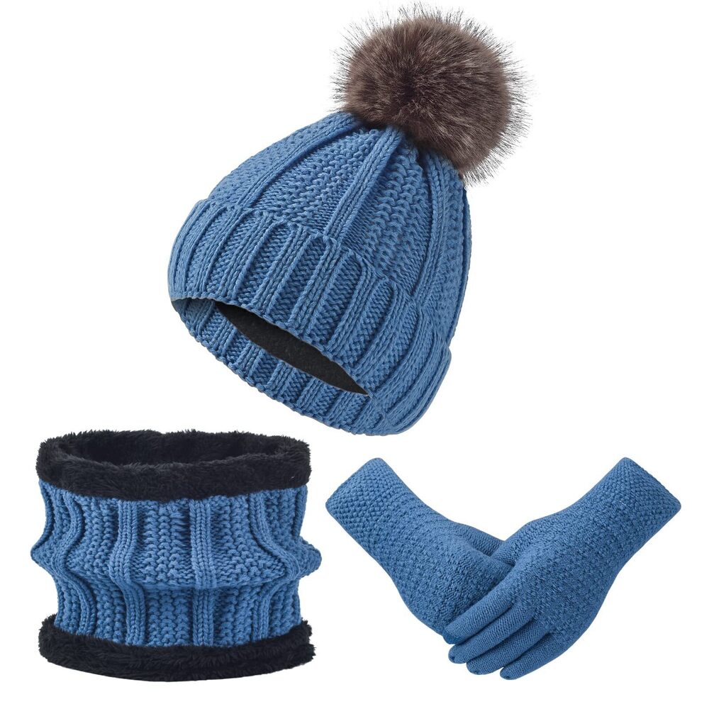 4852 Winter Hat Gloves Scarf Set Beanie Knit Warm Neck Scarves Touchscreen